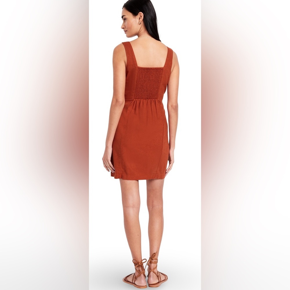 NWTS🍃GAP OLD NAVY XL🍃BRONZE AMBER SQUARE NECK LINEN DRESS W STRAPS BACK SMOCKING - Picture 7 of 15